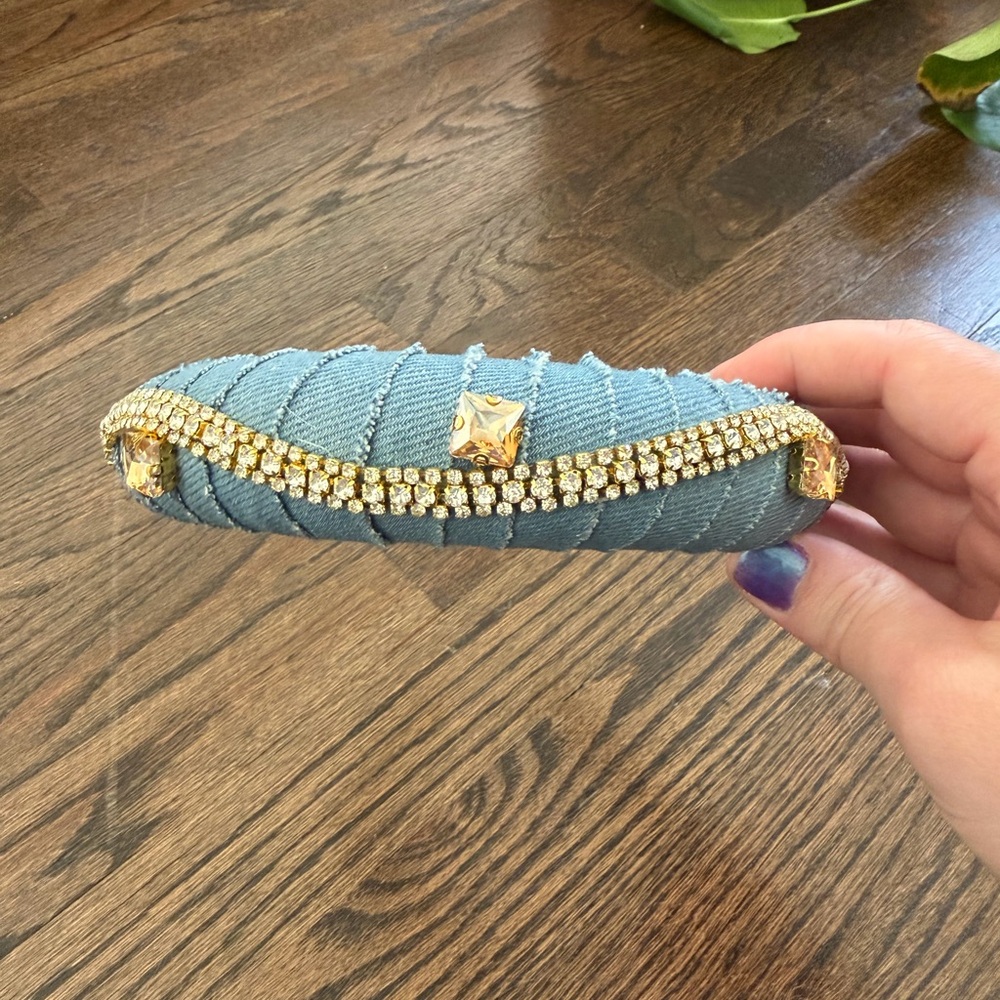 Blue Distressed Denim Padded Headband with Rhinestones - Picture 4 of 4